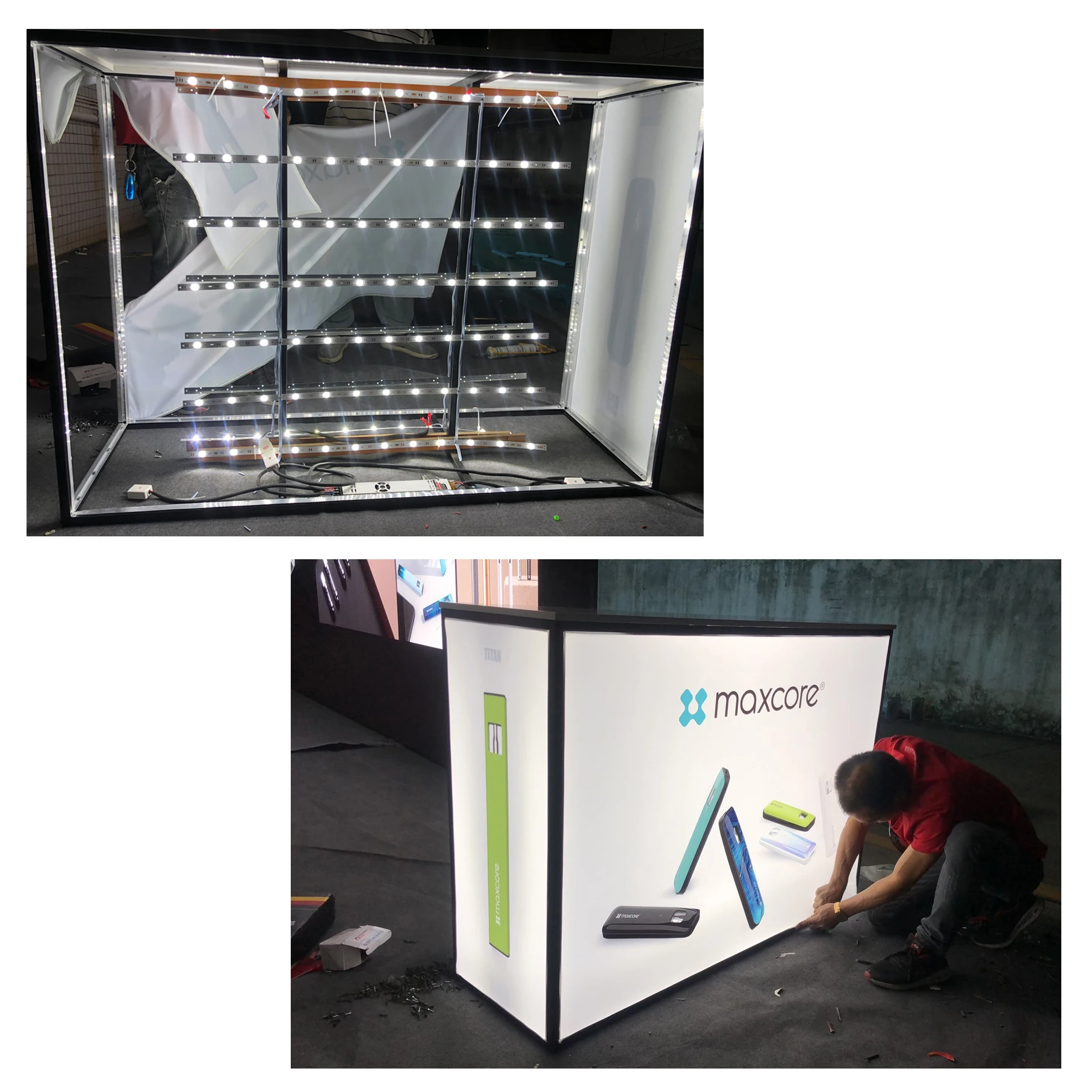Light box on four sides luminous background wall and information desk exhibition booth design and production