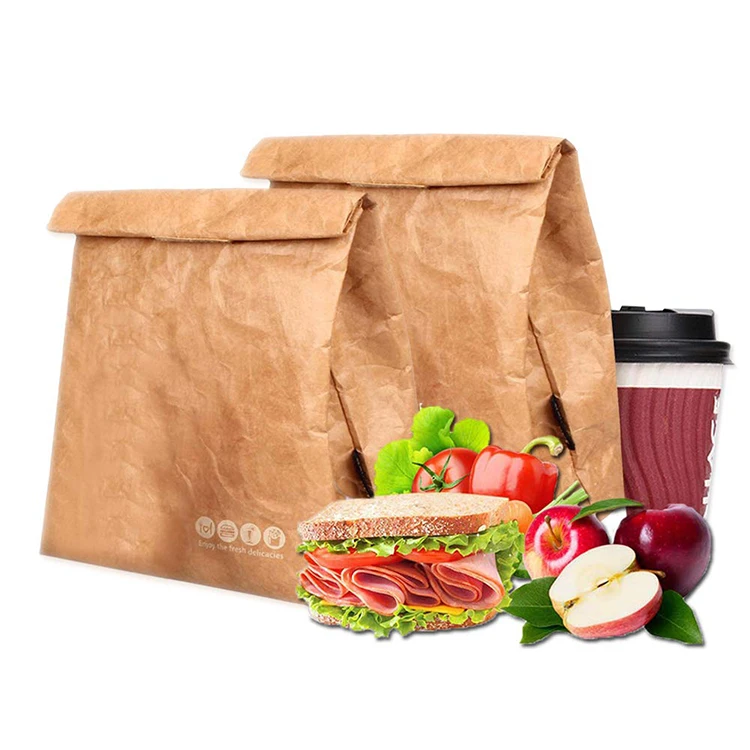 Kraft paper cooler bag Tyvek paper lunch bag Waterproof handled small insulated lunch bag