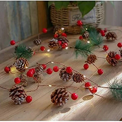 Pine Cone Christmas String Lights 20 LED Battery Operated Christmas Garland with Red Berry Fairy String Lights for Xmas