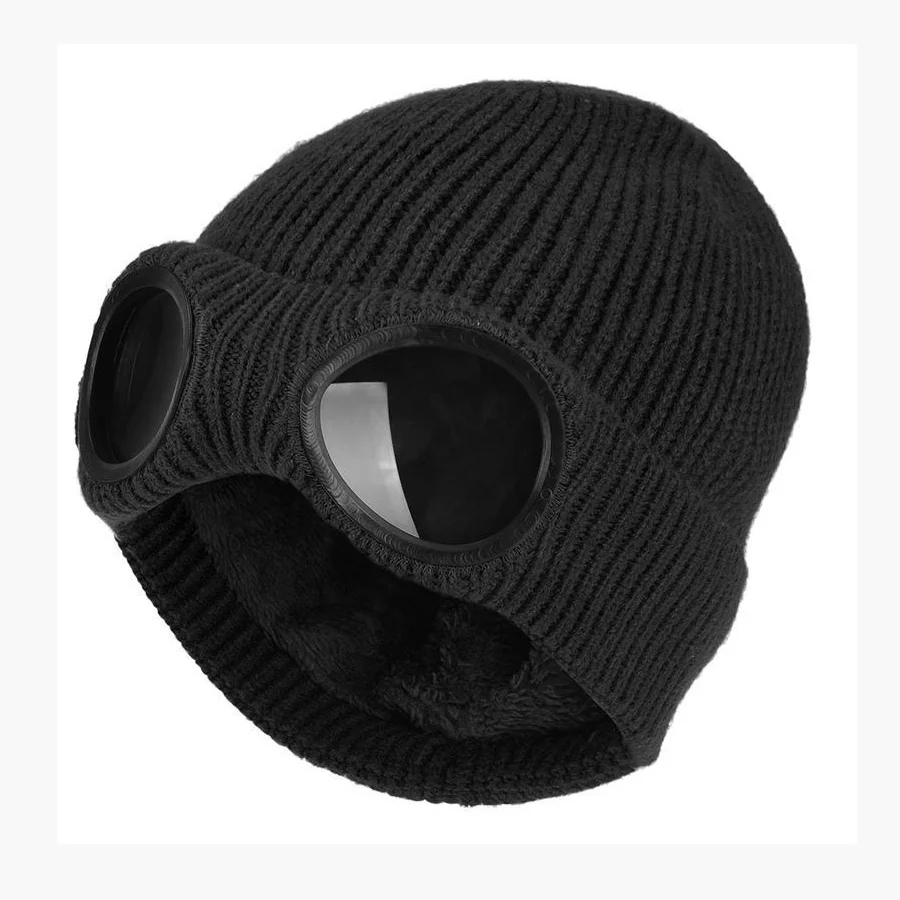 Winter Outdoor Sports Skull Double Layer Plush Lining Acrylic Ribbed Knit Lens Ski Hat Goggles Glasses Beanie