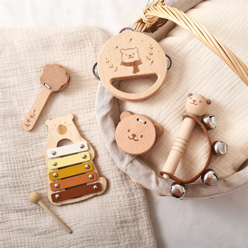 Set of 5 Bear Music Instruments Wood Percussion Piano Combination Educational Toy for 2 to 4 Years