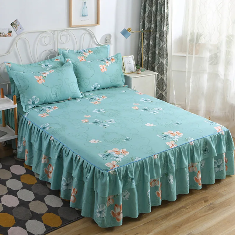 Bed Skirts Set Double Layer Bedspread Floral Printed Bed sheet Bilateral Bed Skirt + 2 Pair Of Pillowcase bedsheets