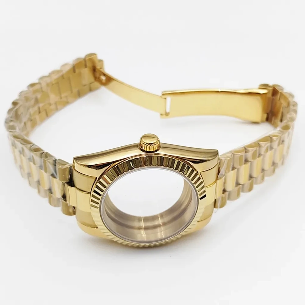 36mm Gold Watch Case With Strap Sapphire Glass for NH35 NH36 Movement