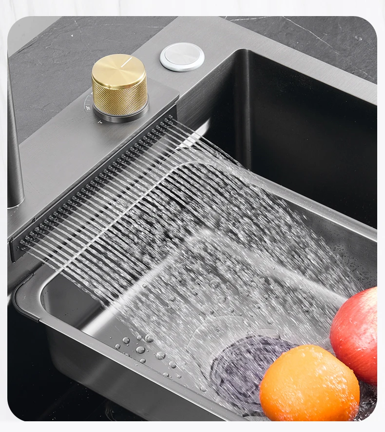 luxury kitchen sinks 304 stainless steel china farmhouse sink modern waterfall rainfall single bowl kitchen sink set black