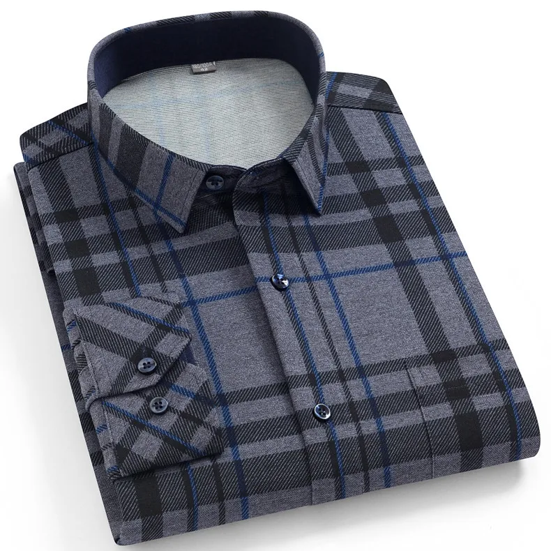 Check Slim Fit Cotton Business Casual Plus Size Long Sleeve Shirt For Men