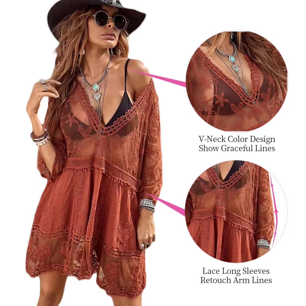 Chiffon Solid Color Lace Embroidered Loose Beach Cover Up Lace Half Sleeve V-Neck Holiday Bikini Cover Up Beach Dress