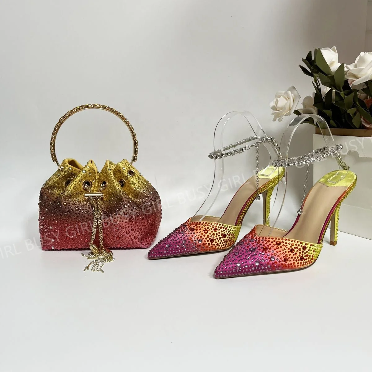 BUSY GIRL LJ4396 rhinestone shoes and bags set for women 10cm high heels pumps fashion party dress ladies bag wedding heels