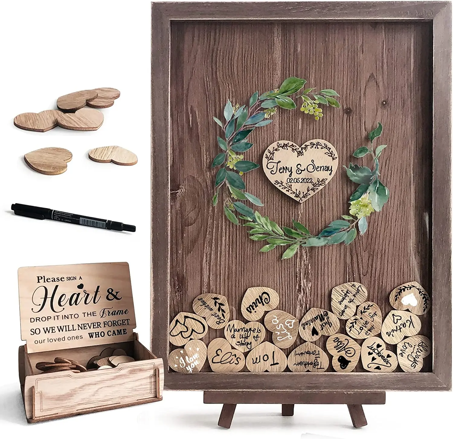 Деревенские Свадебные украшения для приема деревянная рамка гостевая книга свадьбы альтернатива с сердцем и зеленым венком