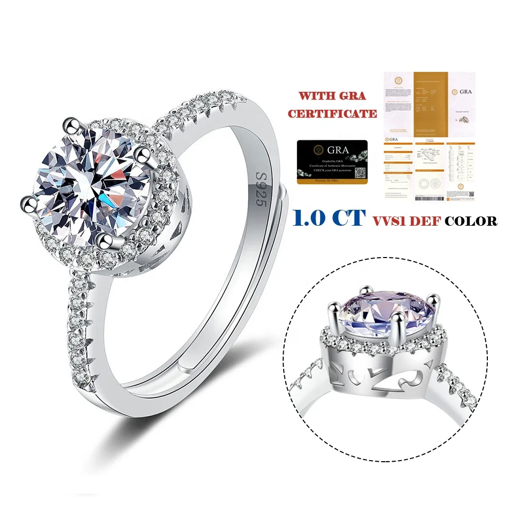 2024 Fashion Sterling Silver GRA VVS 1Ct Moissanite Rings Diamond Wedding Jewelry 925 Sterling Silver Adjustable Ring For Women