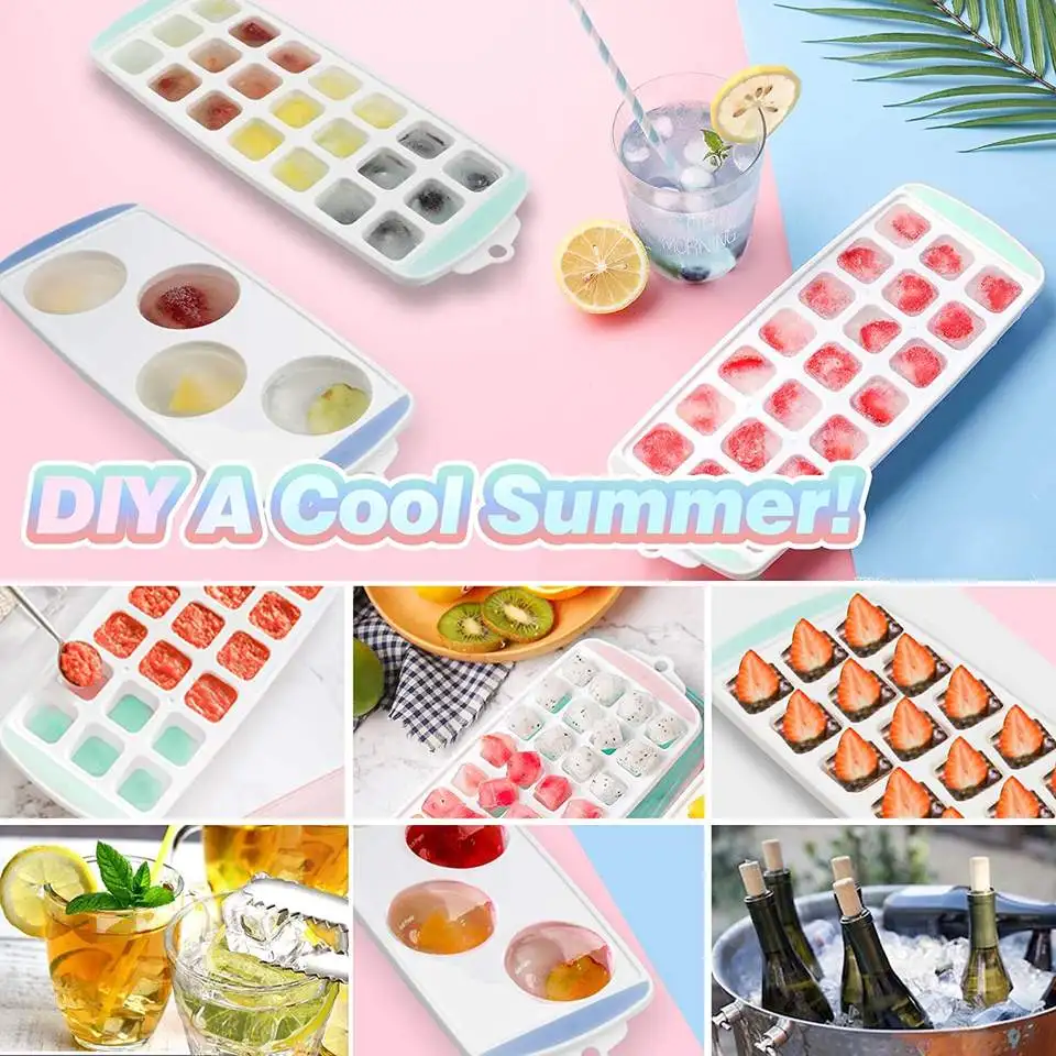 New Style Kitchen Beverages Cocktails Rectangle Soft Durable Colorful Quick Frozen Mold Lid Silicone Ice Cube Tray
