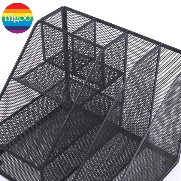 Multifunctional black metal mesh desk organizer file storage stationery set for office and home supplies