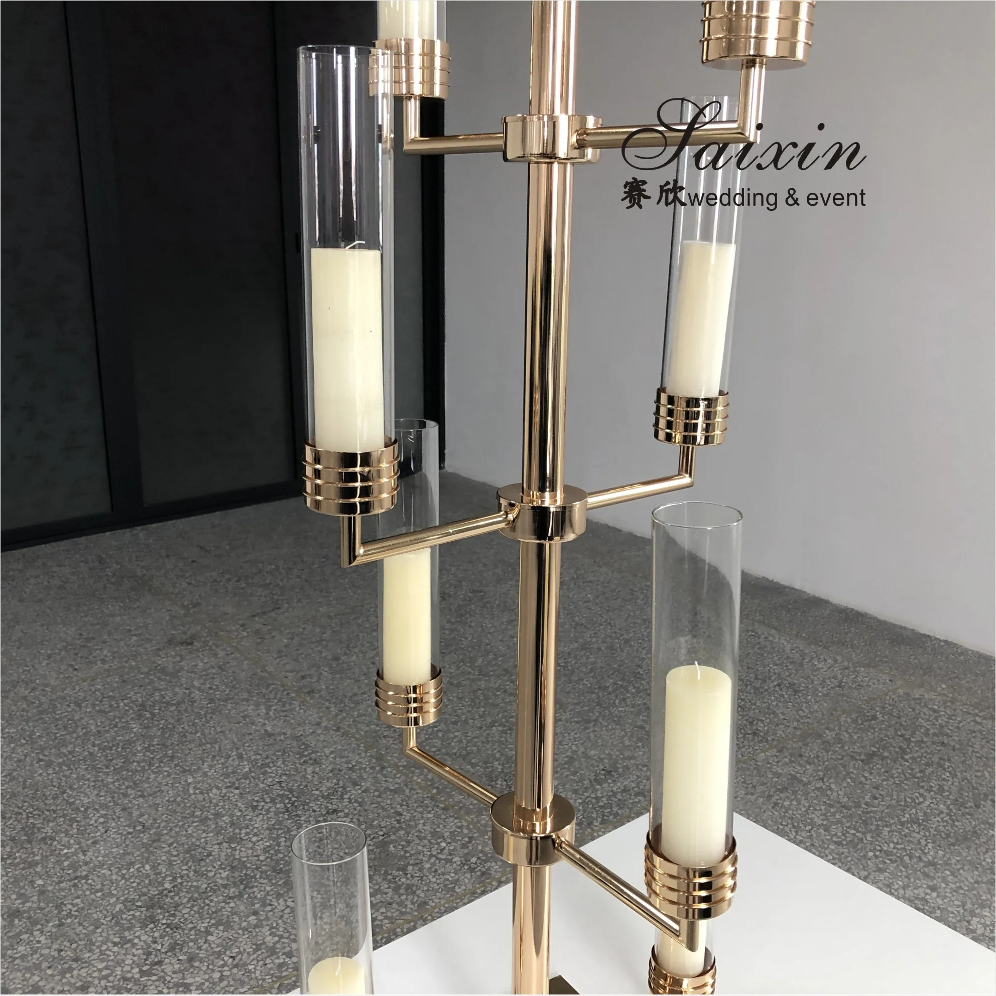 New saixin custom tall 9 arms glass tube metal candle holder for wedding centerpieces