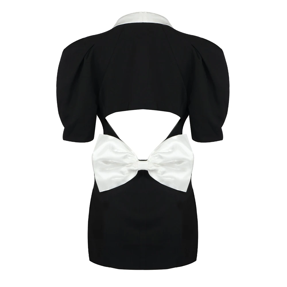 Elegant Black Evening Dress With White Large Collar Backless Ruffle Sleeve Casual Party Dress Women 2023