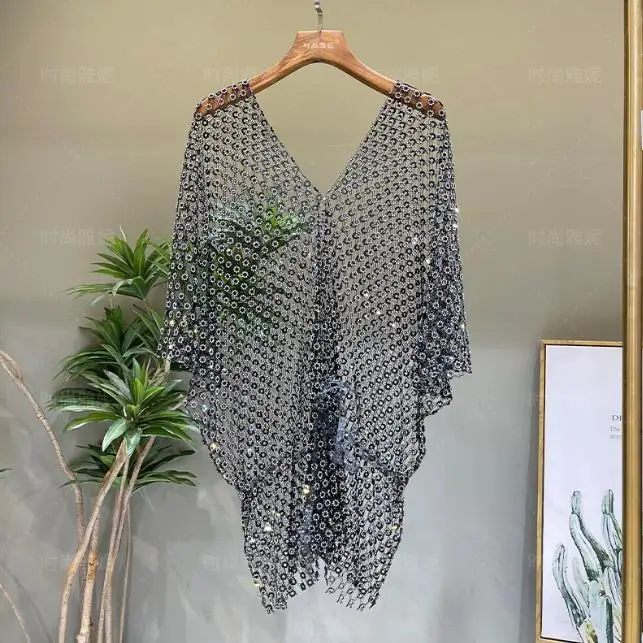 Fashion Batwing Sleeve Blouses for Women V Neck Luxury Waist Diamond Corset Top Female Irregular Solid Color Shirt