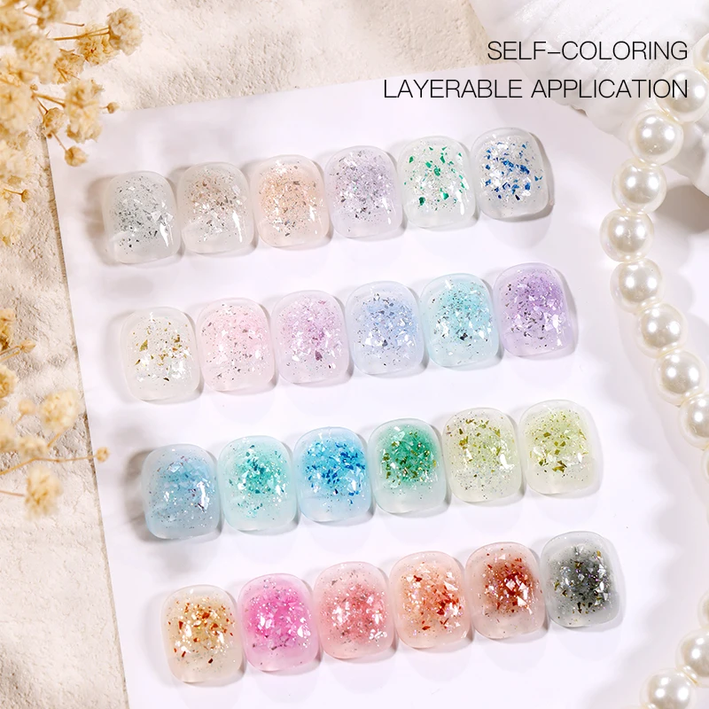 Private Label Shell Sequin Gel Polish Uv Gel 24colors Semi Permanent Glitter Flake Gel Polish Set 15ml