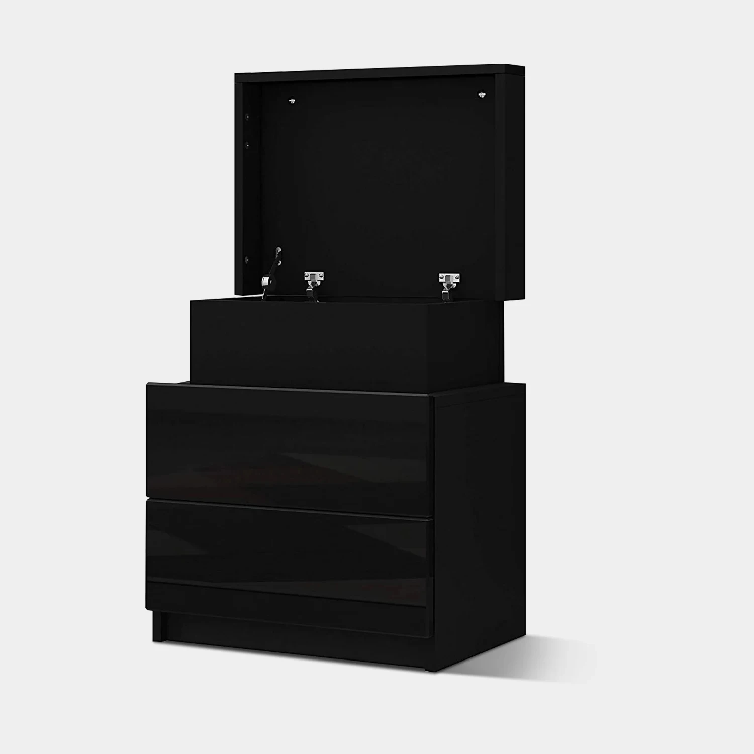 Modern Multifunctional Bedroom High Gloss MDF OEM Wood LED Lights Nightstand Bedside Table Drawer Flip Up Top Luxury Living Room