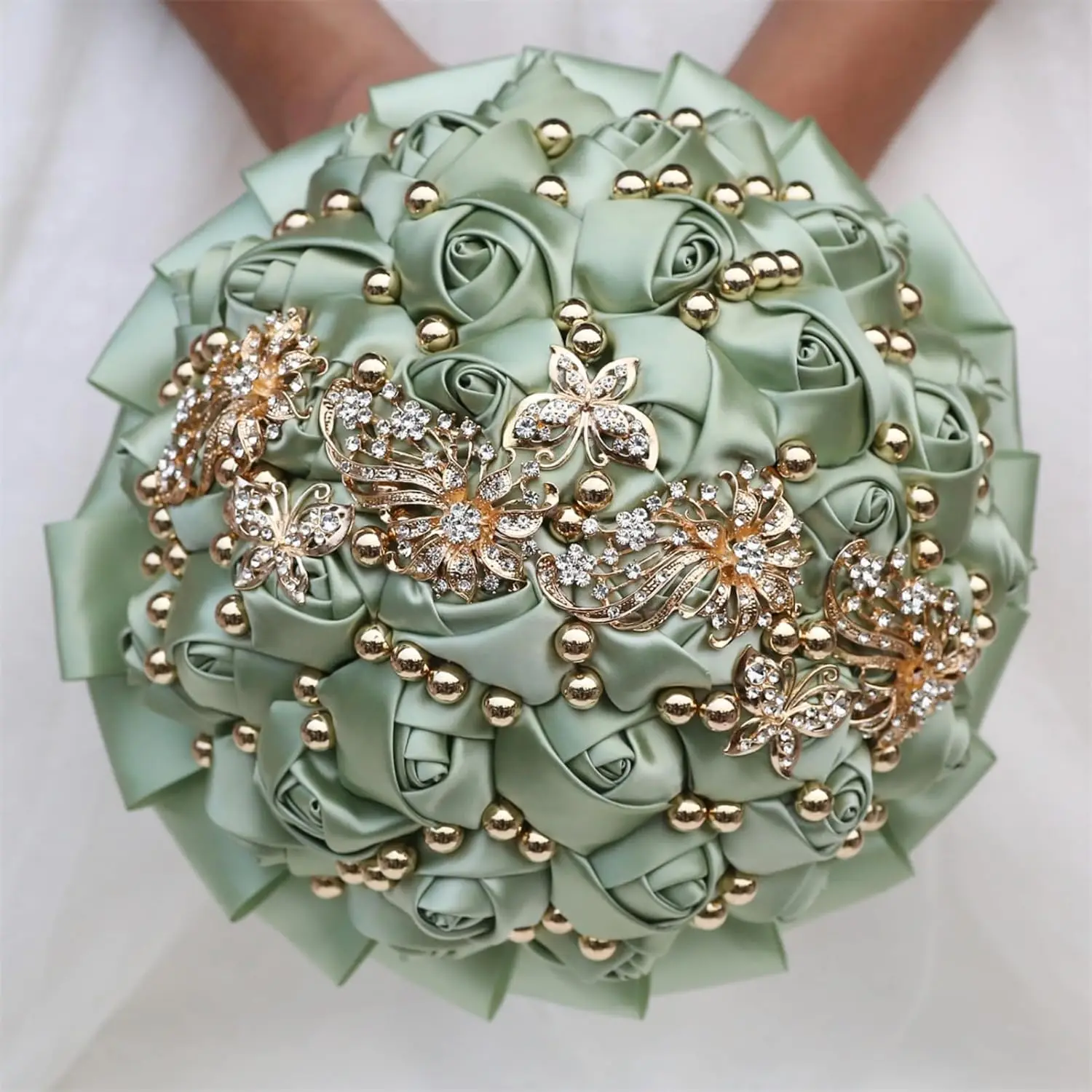 8.3in Bridal Bouquet Satin Rose Flower Bouquet Handmade Wedding Bouquet with Golden Rhinestone Brooch Pearl for Wedding Sage