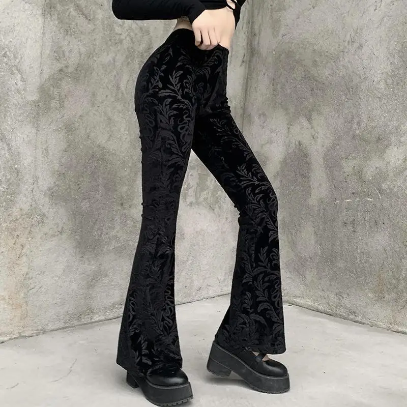 2024 Gothic Style Retro Black Bell-bottoms Pants Women Personalized Embossed Casual Trousers