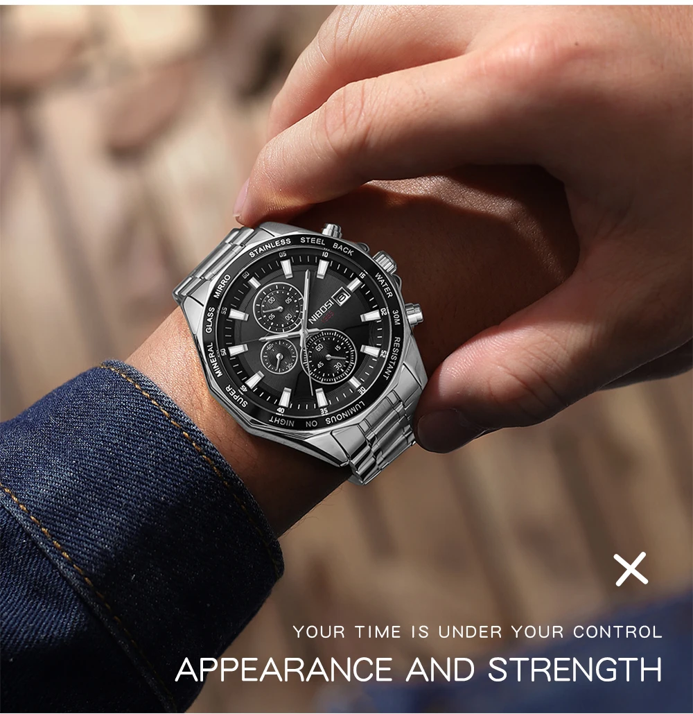 NIBOSI 2599 branded personalised man quartz watch cool Steel Strap water resistant chronometer advertising business reloj watch