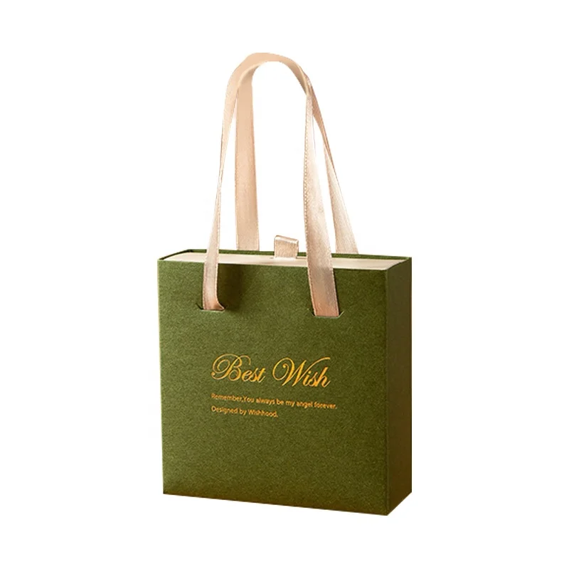 Custom Luxury Small Jewelry Gift Packaging Drawer Paper Box Paper Bag Set Green Sliding Jewelry Paper Box with Ribbon Puller