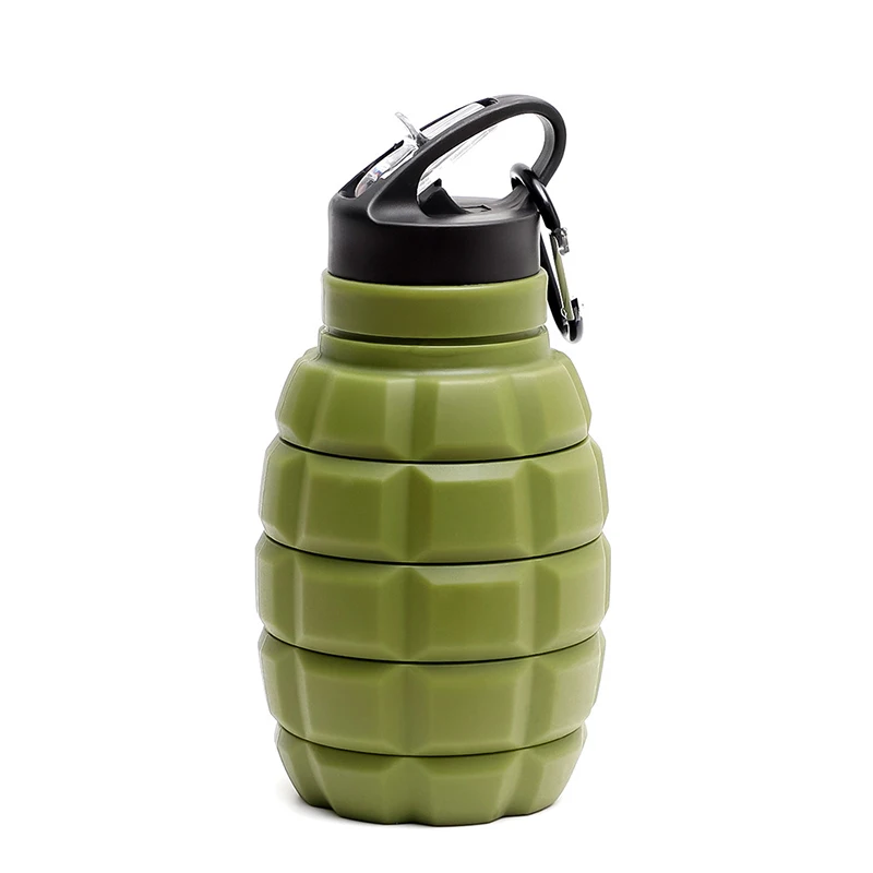 Collapsible Handle Grenade Sport Water Bottle Food Grade Silicone Outdoor Biking Hiking Kettle With Hook Mountaineering Buckle
