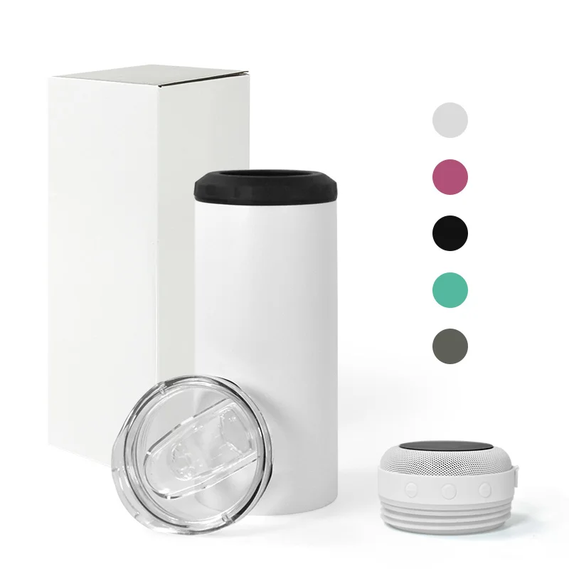 4 in 1 Double Wall Vacuum Insulated Powder Coated Stainless Steel Beer Can Cooler Speaker 16 oz Can Cooler With Wireless Speaker