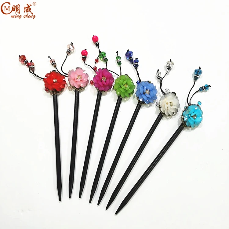 
Colorful flower glass stick,Chinese resin wood hair stick 
