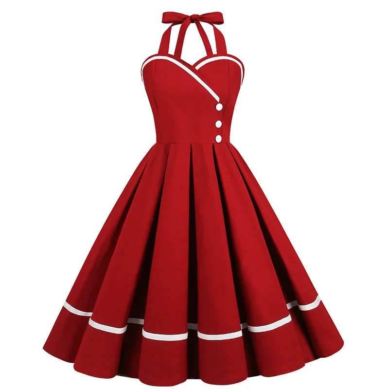 Cotton Women Party Dress Contrast Color Vintage Sweetheart Christmas Clothes Halter Female Dresses