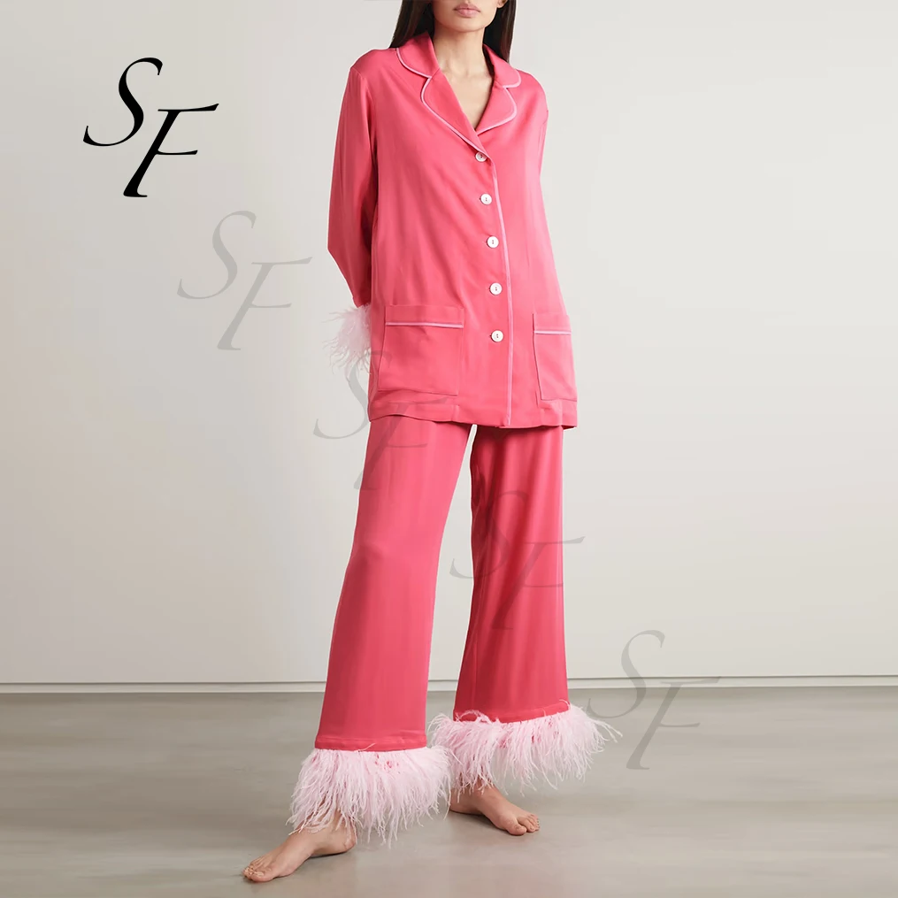 Custom 2 piece set long shirt and pants Pyjamas Set Cotton Ostrich Feather Sleepwear Women Pajamas