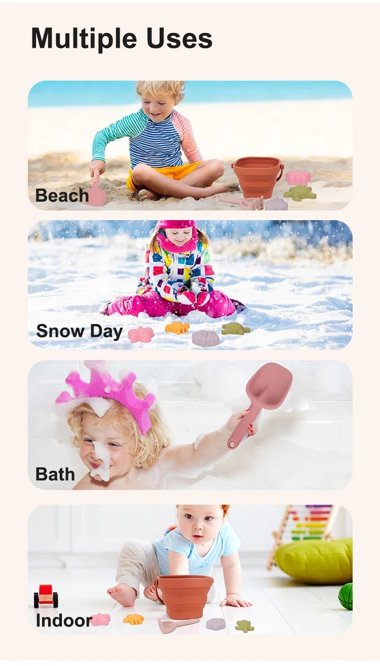 Customized Summer 7 Piece Unique Eco Bpa Free Silicone Foldable Water Beach Sand Toys Colorful Children Beach Toys Bucket Sets