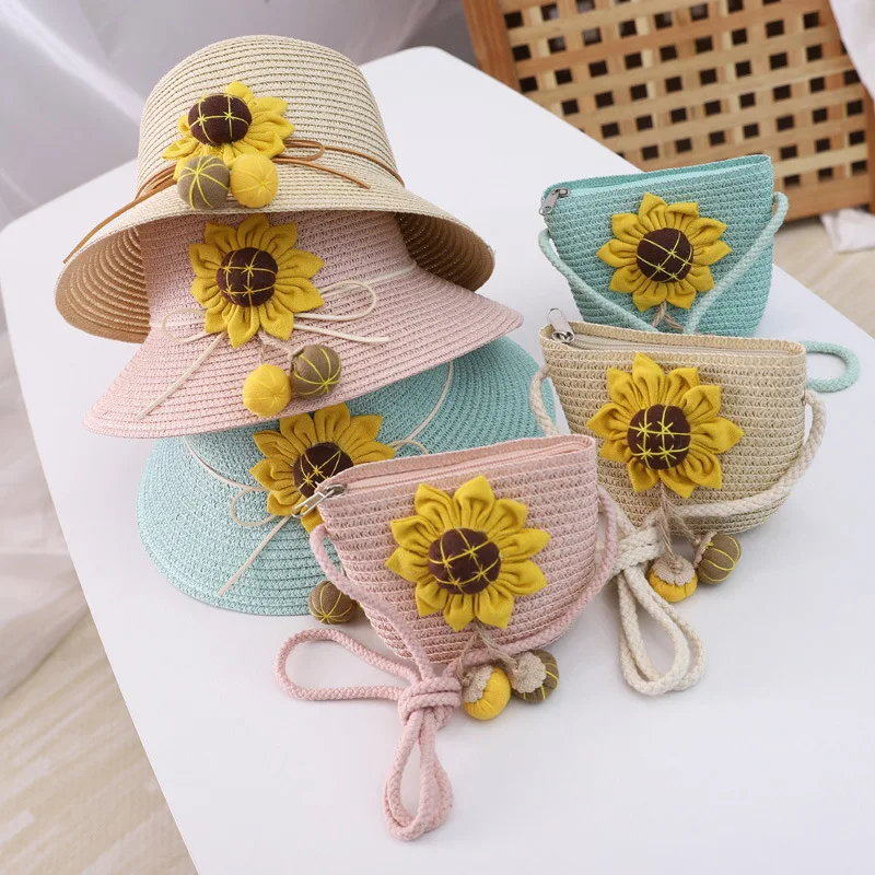 Kids Cute 2 pcs Set Sunflower Decorate Lovely Straw Hat & Bag
