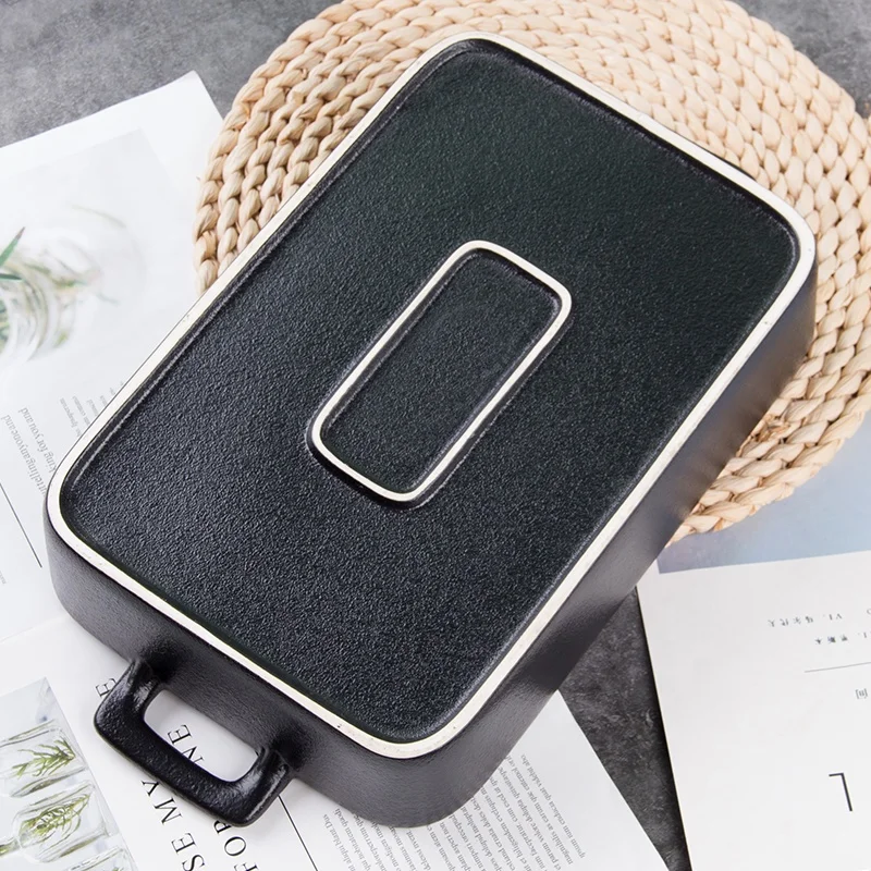 Custom Logo Rectangle Stoneware Bread Bakeware Pans with Double Handle black Ceramic Baking Tray Use of microwave oven