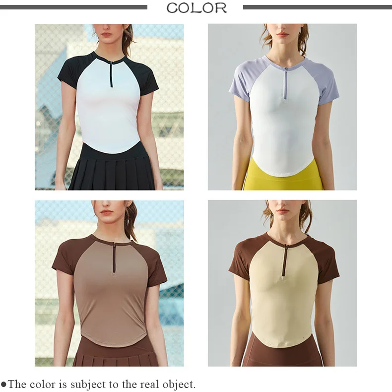 Woman Shirt Short Sleeve Yoga Color Blocking Round Collar Half Zipper Irregular Curve Bottom Top Golf Tennis Ball Sports Shirts