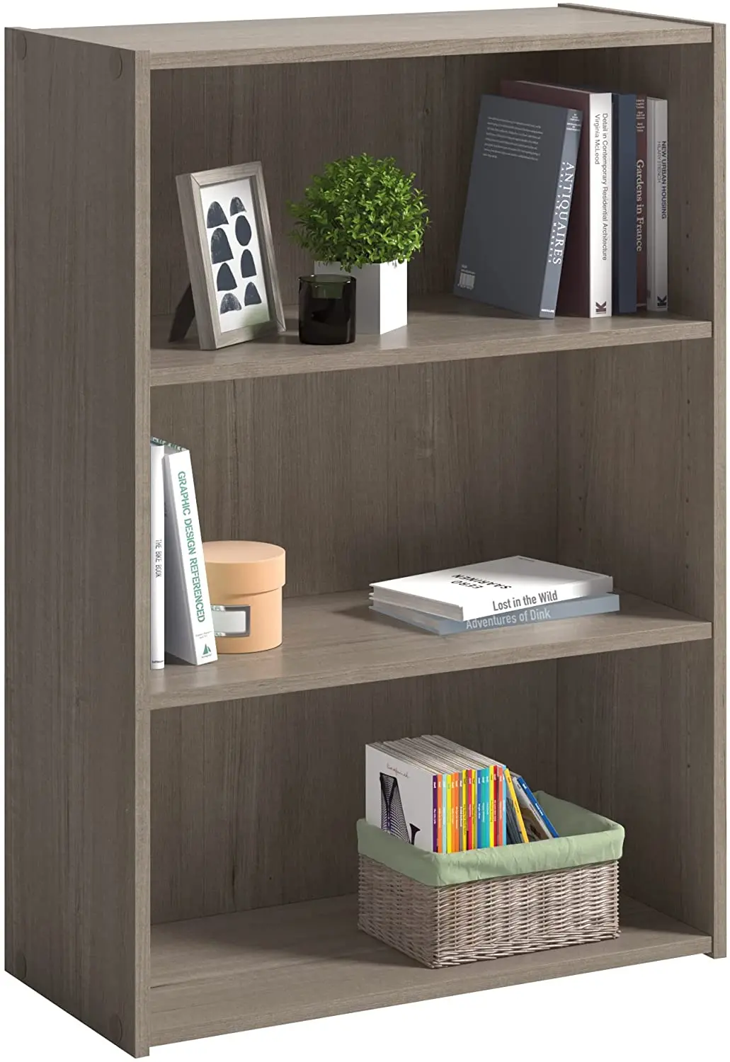 Wooden Bookcase with Open Shelves  3-Shelf Bookcase Display Cabinet for Study Room and Silver Sycamore