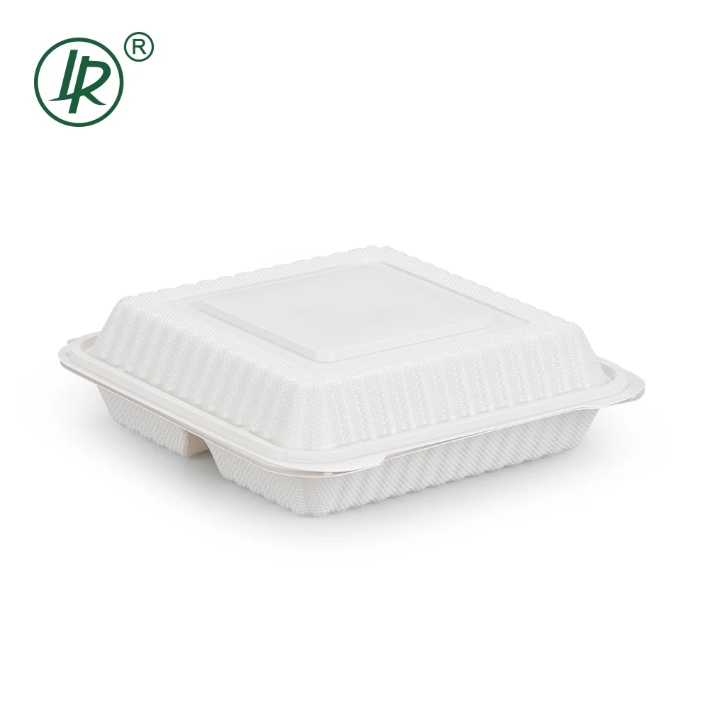 LR 7*7 Inch 3 Compartments BPA Free Disposable Clamshell Togo Lunch Box Plastic Large Hinged Lid Take Away Food Container
