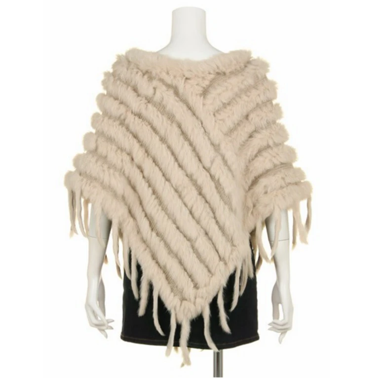 YR099 China Factory Direct sale Hand Knit Poncho with Tassels Genuine Rabbit Fur Stole