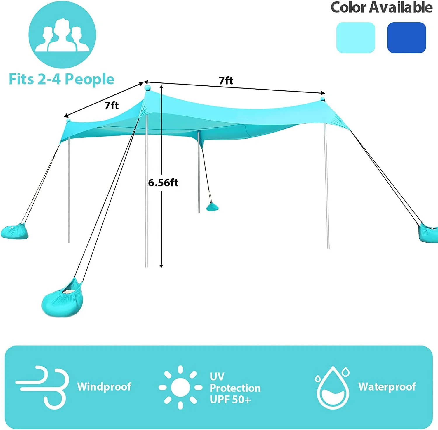 WOQI 33 Easy Set up UPF50+ Four Sandbags Spandex Fabric Summer Beach Tent Sun Shelter Canopy For Outdoor