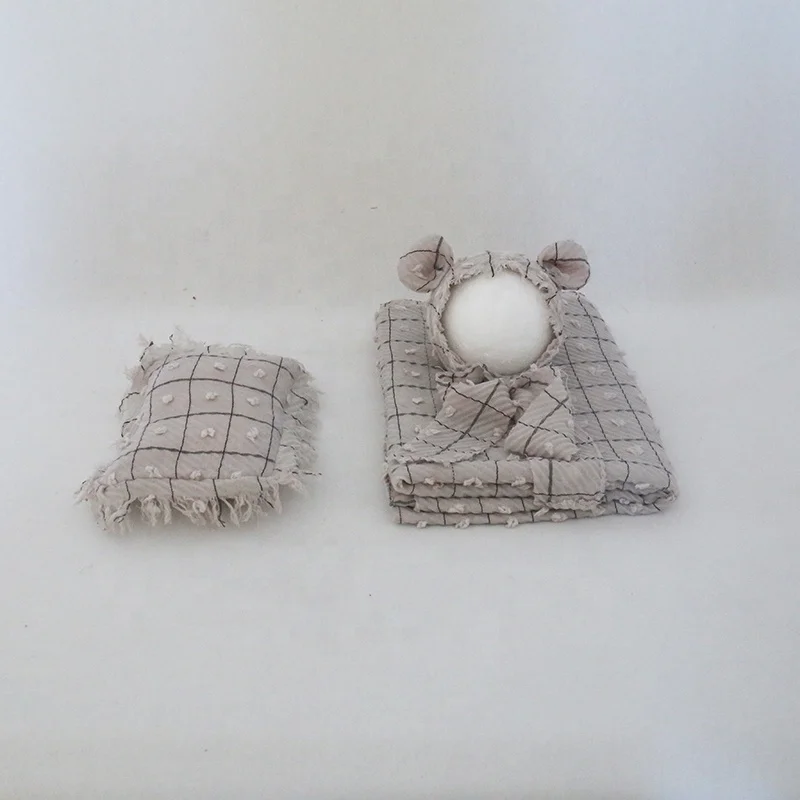 Stripe Teddy Bear Set Bonnet Wrap Pillow Photography Products Newborn Cheesecloth Wrap Posing Pillow Baby Photo Shoot Layer RTS