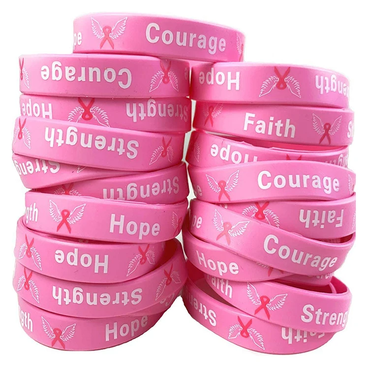 Factory customized trendy wide logo printed Breast Cancer Courage pink silicone wristband sorority bracelet for ladies