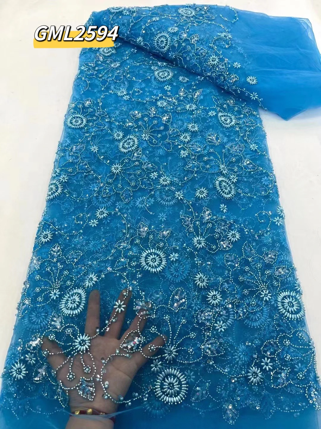 Harvest hot sale products heavy beads sequins luxury bridal lace fabric for weddings dress pure white beaded lace sequin fabric