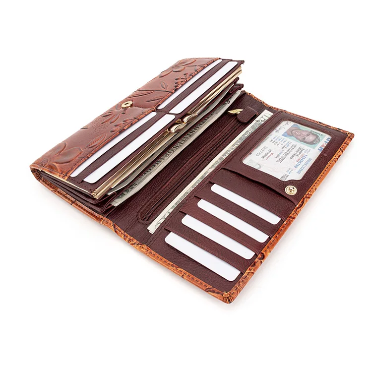 High Quality Retro Style Women Genuine Leather Long Wallets Ladies Purses Handbag Clutch Flower Embossed Wallets for Women