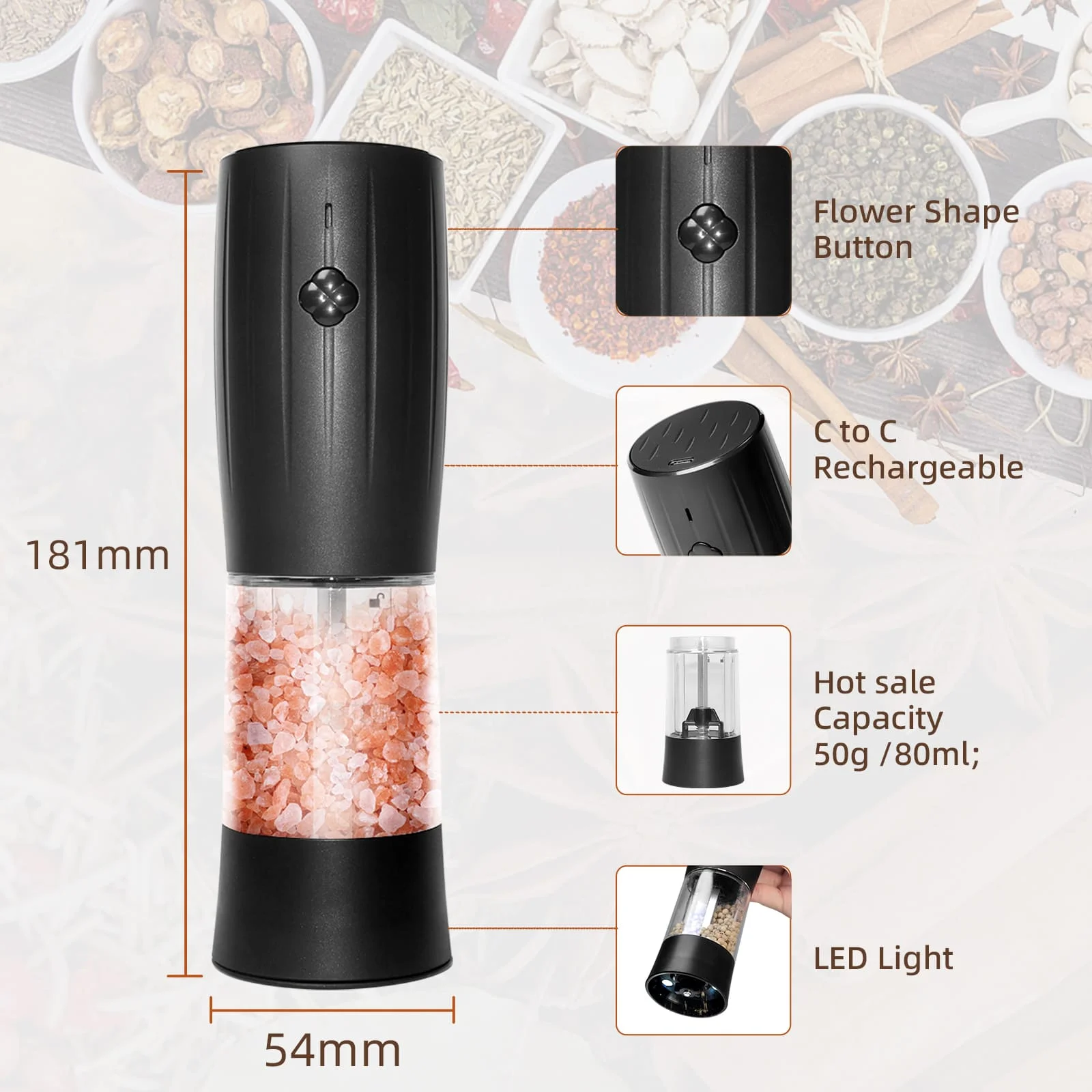 Flower Shape Button One Hand Operated Rechargeable Electric Salt and Pepper Grinder Set Automatic pepper Mill with LED Light