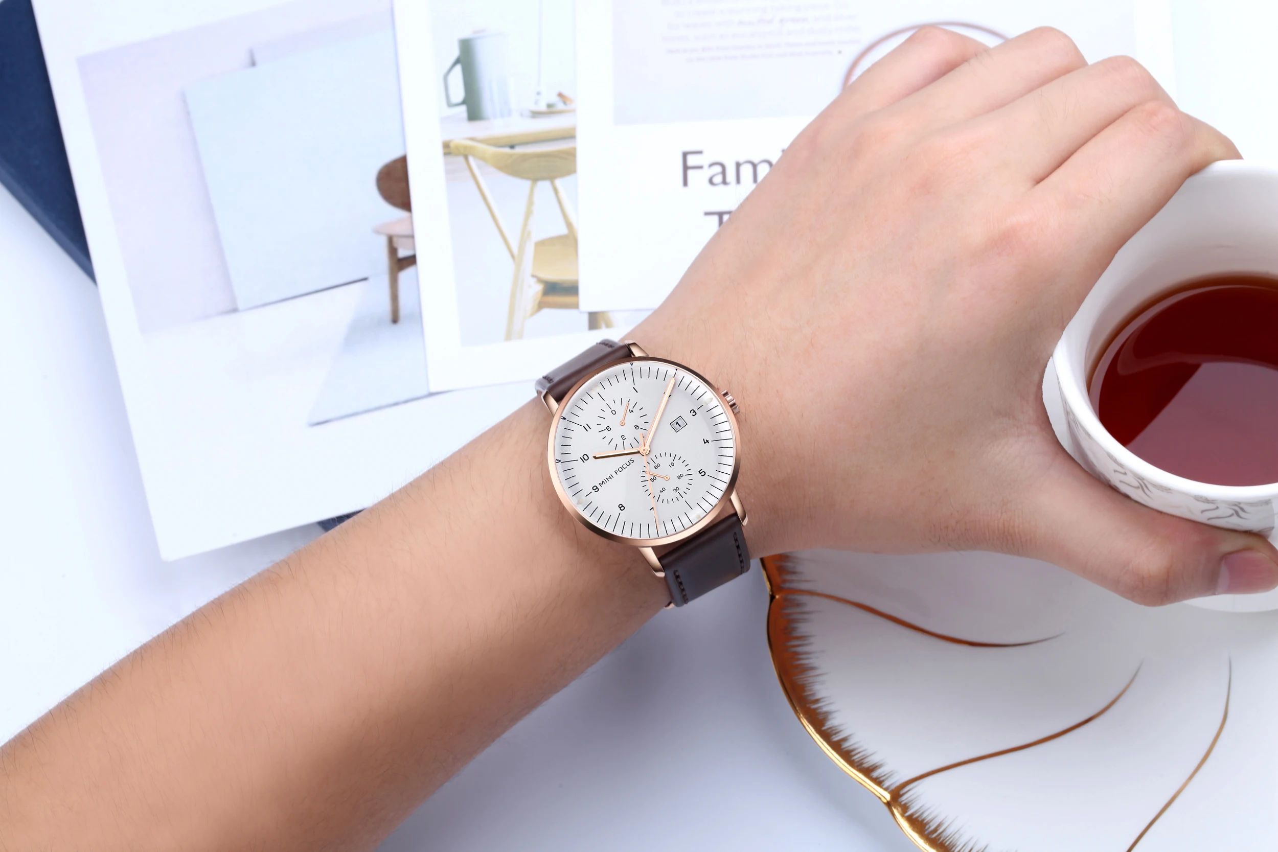 MINI FOCUS MF0052G Fashion Leather Men Quartz Watches Reloj De Hombre Chronograph Waterproof Wrist Watches for Men