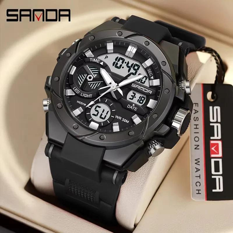 SANDA 3313 Brand Watch Electronics Men Sport Alarm Clock Waterproof Stopwatch Chronograph Men Wristwatches Quartz Digital Watch