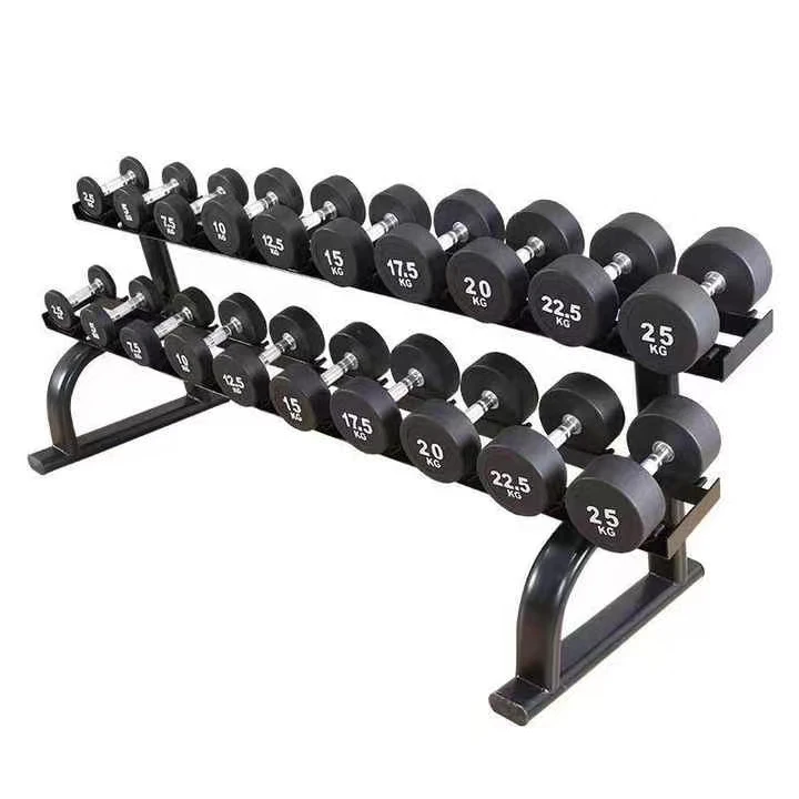 Black Round Rubber Dumbbells With Rack Storage 2 tier 3 tier Gym Weights round Dumbbells Set Rack Three Layers Ten Pairs