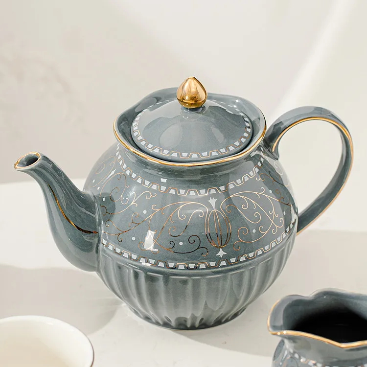 Luxury British tea pot sugar pot milk jug sets grey ceramic coffee tea cups and saucers set with gold rim