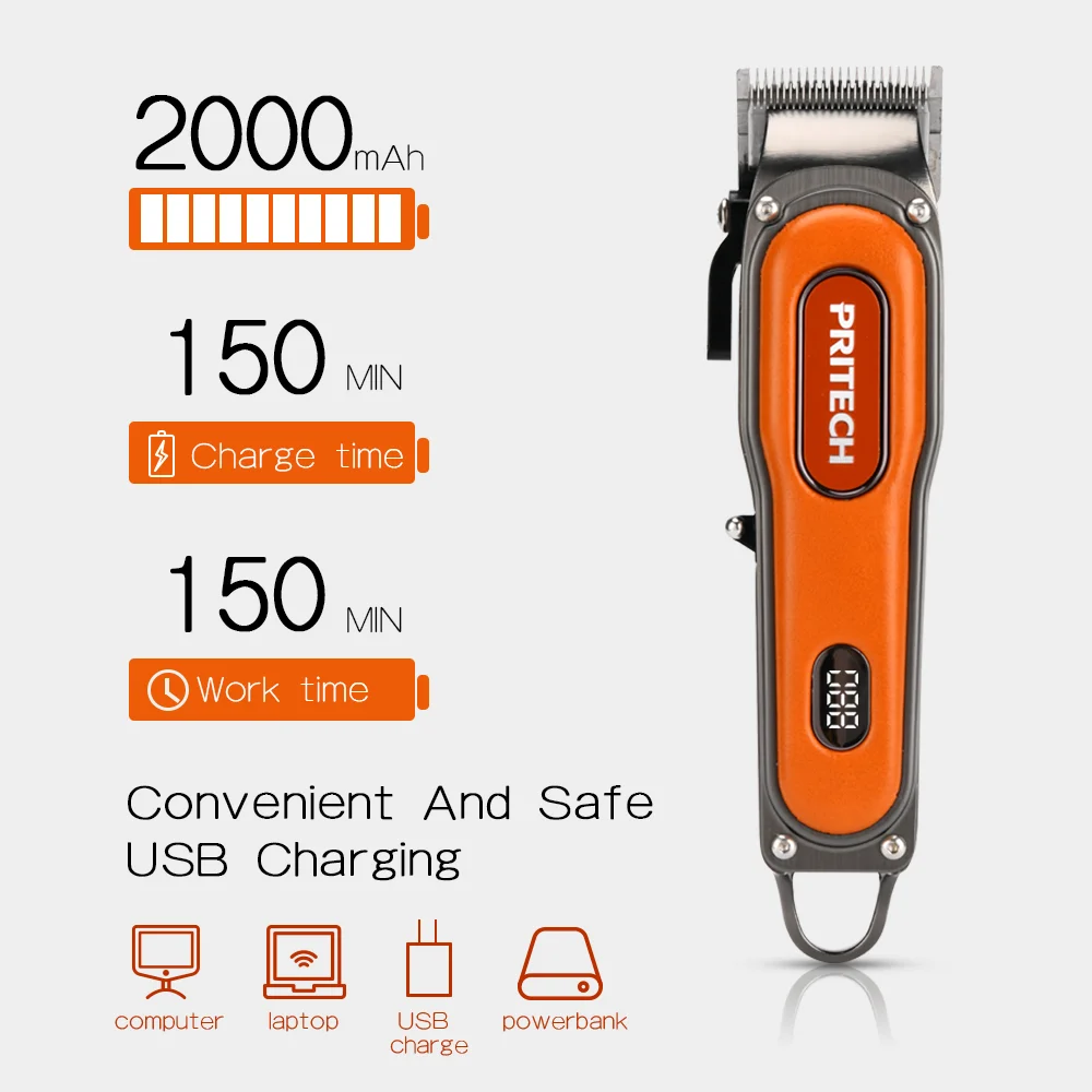 Оптовая продажа триммер для волос PRITECH из мягкой искусственной кожи перезаряжаемая Беспроводная Парикмахерская электрическая машинка стрижки со светодиодным