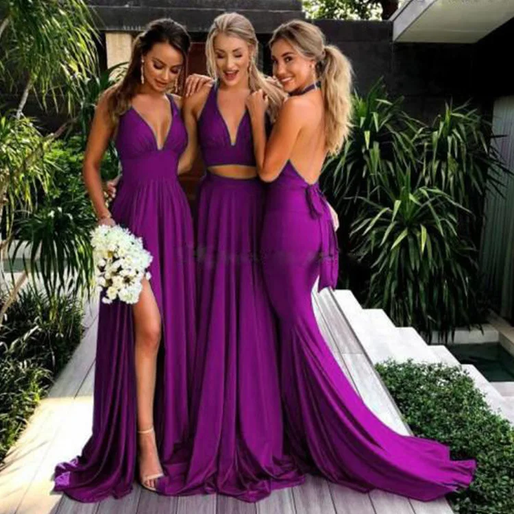 2021 Women Sleeveless V-Neck Sexy Long Satin A-Line Formal Elegant Maxi Halter Wedding Bridesmaid Evening Party Dresses