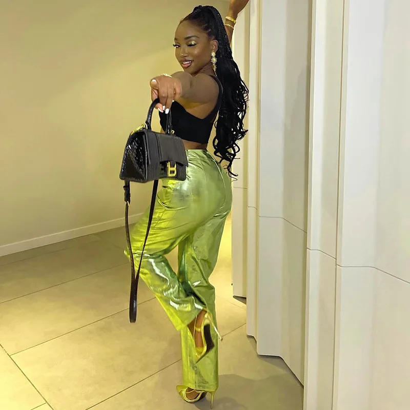 2023 Spring and Autumn Fashionable High Waist PU Leather Pants Women Candy Color Casual Ladies Pants