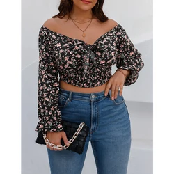 Hot Sell Wholesale New Design Ladies Clothing Floral V Neck Crop Top Casual Plus Size Off Shoulder Tops Long Sleeve